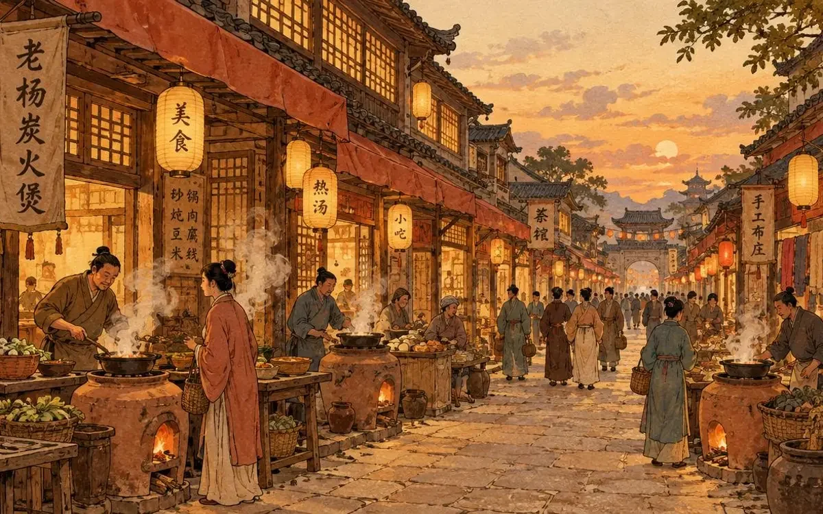 红果短剧入口AI烟火新篇页面配图，暮色市井长街上多口土陶灶冒起炊烟
